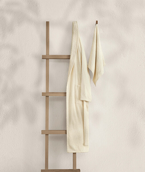 Picture of Koza Home Likya 100% Cotton Cream Dowry Bathrobe Set of 2 1 Bathrobe 1 Towel 1053A L-XL