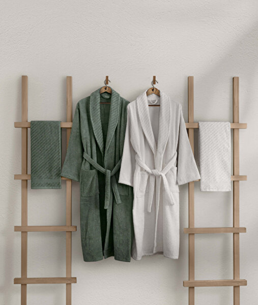 Picture of Koza Home Likya 100% Cotton Green-White 4-Piece Dowry Family Bathrobe and Towel Set 2 Bathrobes 2 Towels 1060A Standard