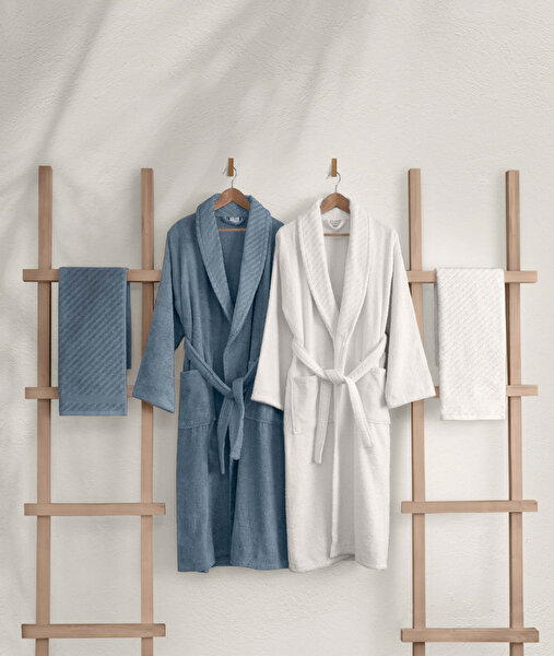 Picture of Koza Home Likya 100% Cotton Blue-White 4-Piece Dowry Family Bathrobe and Towel Set 2 Bathrobes 2 Towels 1061A Standard