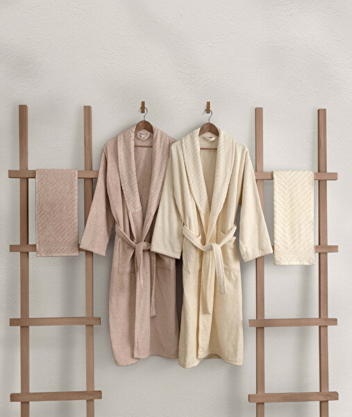 Picture of Koza Home Likya 100% Cotton Salmon-Cream 4-Piece Dowry Family Bathrobe and Towel Set 2 Bathrobes 2 Towels 1062A Standard