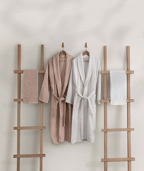 Picture of Koza Home Likya 100% Cotton Salmon-White 4-Piece Dowry Family Bathrobe Set and Towel Set 2 Bathrobes 2 Towels 1063A Standard