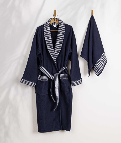 Picture of Koza Home Limira Set of 2 Navy Blue Cotton 1 Bathrobe L-XL 1 Dowry Towel 50x90 2236 L-XL