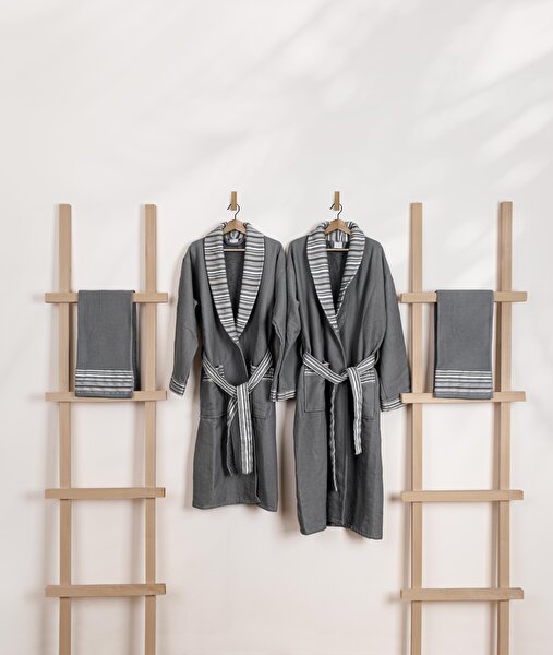 Picture of Koza Home Limira Set of 4 Anthracite Cotton 2 Bathrobes (1 SM)-(1 L-XL) 2 Dowry Towels 50x90 2239 SML-XL