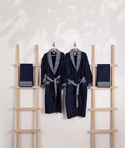 Picture of Koza Home Limira Set of 4 Navy Blue Cotton 2 Bathrobes (1 SM)-(1 L-XL) 2 Dowry Towels 50x90 2241 SML-XL