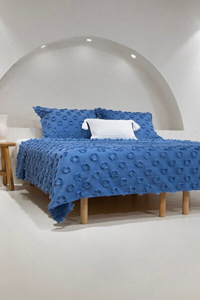 Picture of Koza Home Sitra Navy Blue Double Tasseled Bedspread 230x250 2 Pillow 50x70 5034 230 x 250