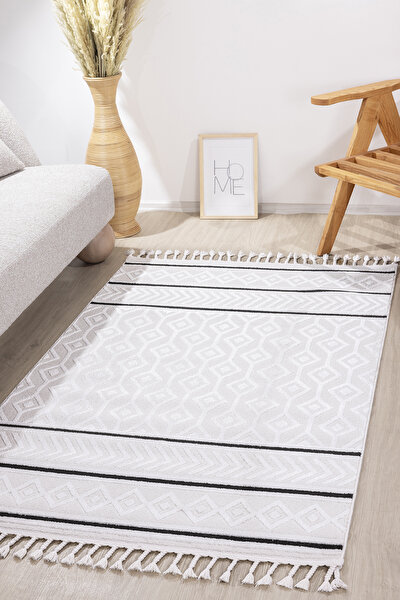 Picture of Koza Carpet Malta Scandinavian Cream Black Carpet Living Room Bedroom Hallway Kitchen Machine Rug 33405A 60 x 100