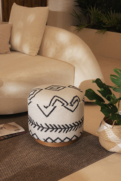 Picture of Koza Home Bliss Black Ethnic Patterned Cream Pouf 45 XH 42 Cm 4281 45 x 42