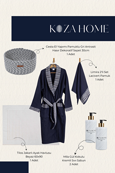 Picture of  Koza Home Dowry Set Navy Blue Mini, Bathroom Set, Single Bathrobe and Towel, Foot Towel, Wicker Basket and 2 Soaps